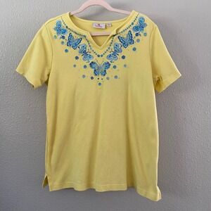 Quacker Factory Yellow Butterfly Top Large Wearable Art to Wear Artsy Rhinestone
